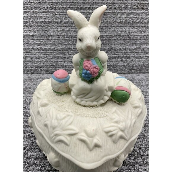 Heart Shaped Bisque Candy Dish Trinket Box Easter Bunny Colored Eggs w Lid 7" T - Picture 8 of 8